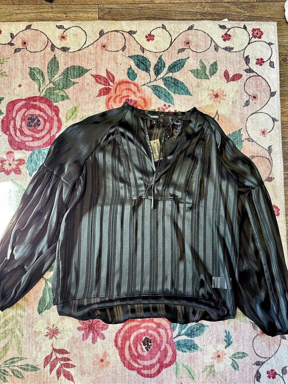 Express Satin Sheer Striped Tie-Neck Long Sleeve Top Striped Blouse in Black Siz